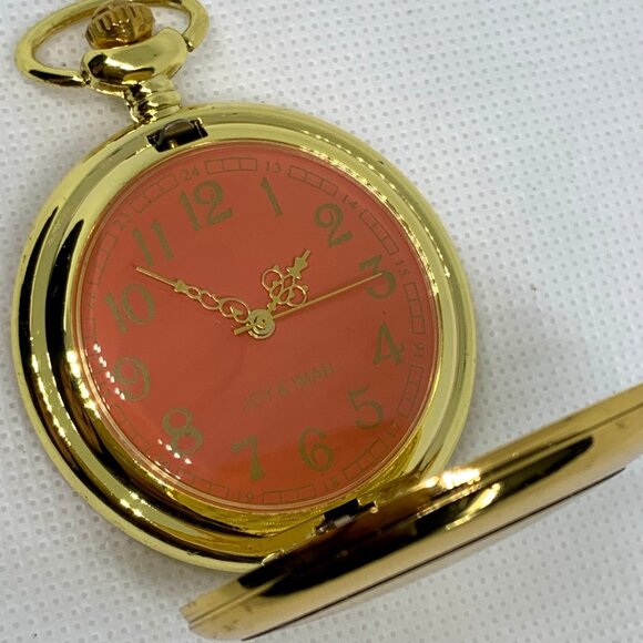 Gold tone Pocket Watch joy & iman Quartz analog orange dial 46mm running - Picture 2 of 4